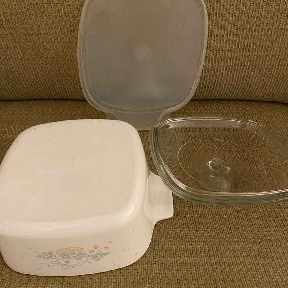 Vtg Corning Ware Blue Ribbon Flower Basket A-1 1/2-B Casserole Lid Cover 3 Piece